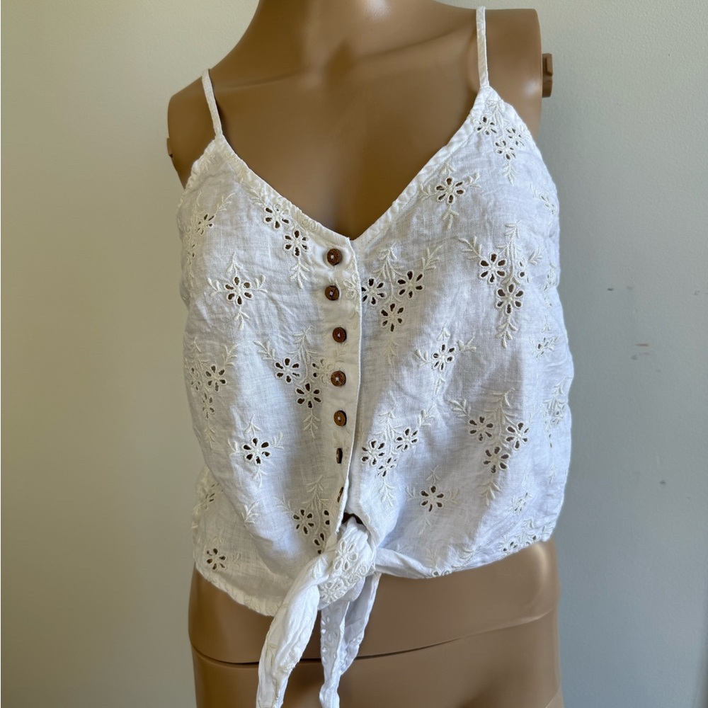 White Eyelet Button-Down Tie-Front Top